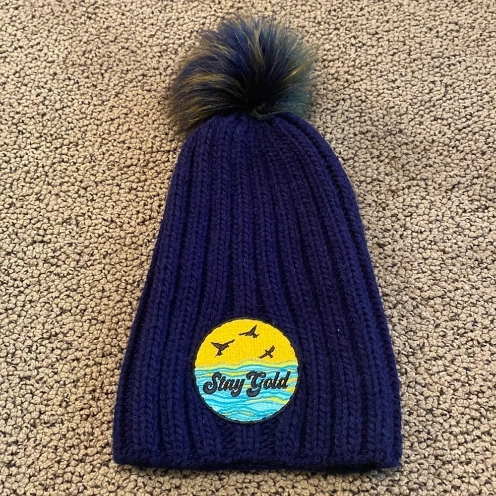 NWOT Knit Slouchy Navy Blue Beanie with Patch on Front and Fur Pom Pom